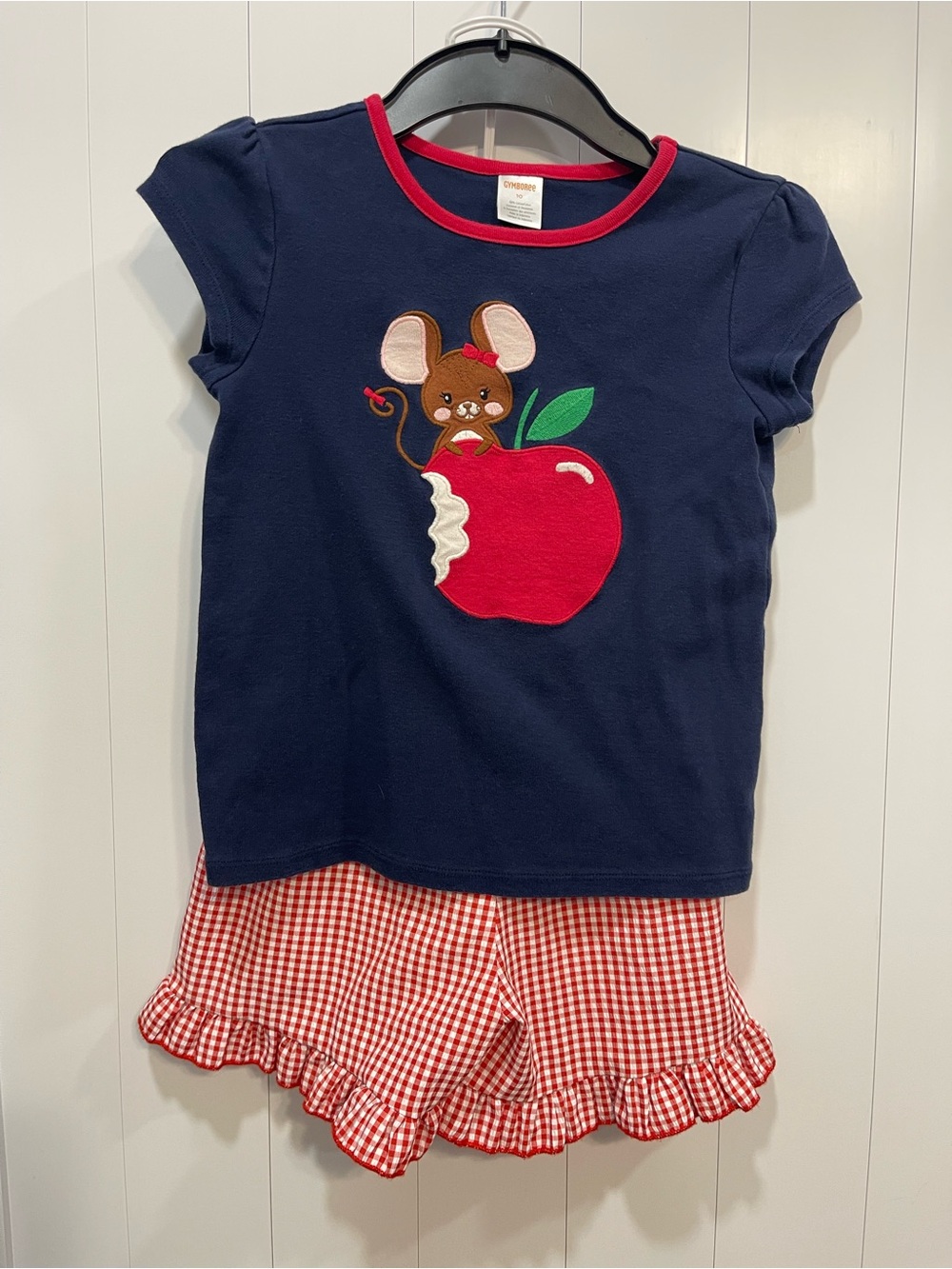 Gymboree Navy Top with Red Apple & Red Gingham Ruffle Shorts Pajama Set size 10